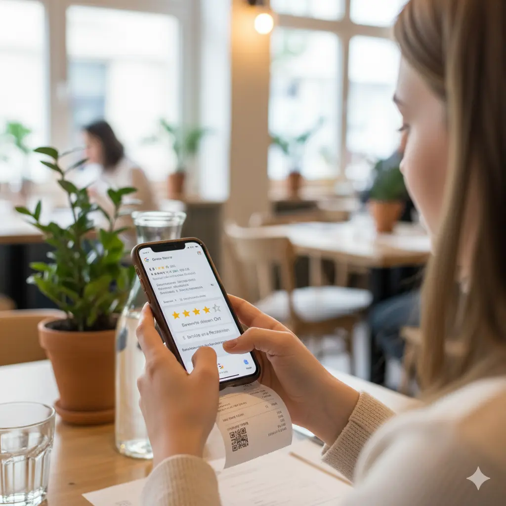Kundin scannt QR Code auf Rechnung um Google Bewertung abzugeben
