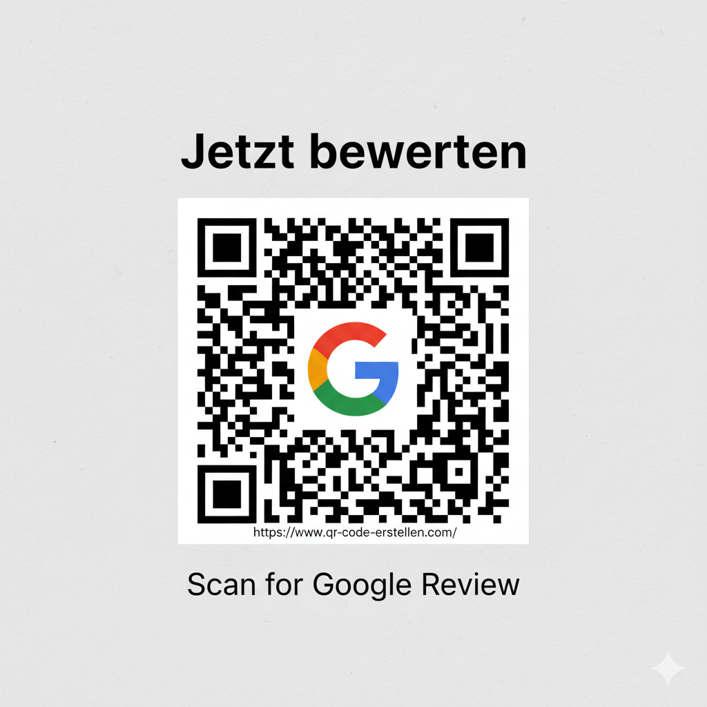QR Code mit Firmenlogo und Hinweis 'Jetzt bewerten'