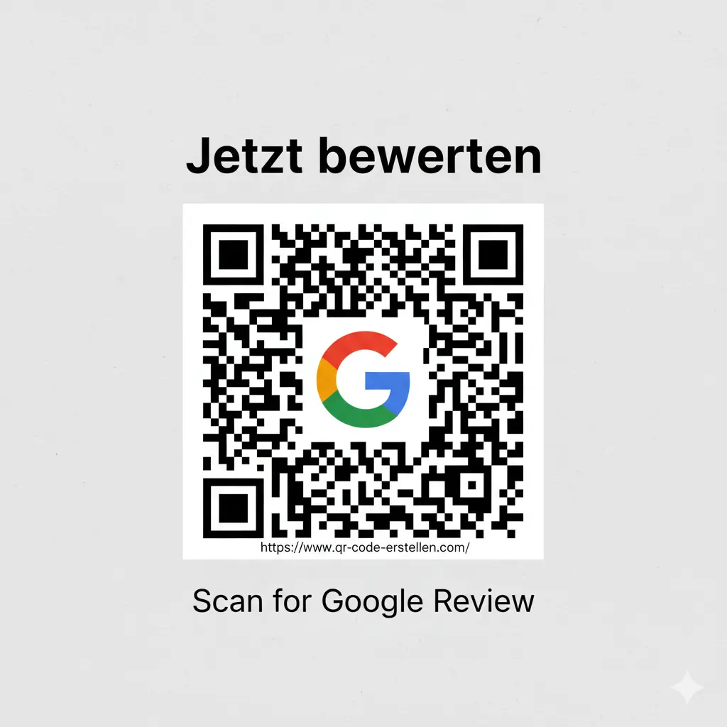 QR Code mit Firmenlogo und Hinweis 'Jetzt bewerten'