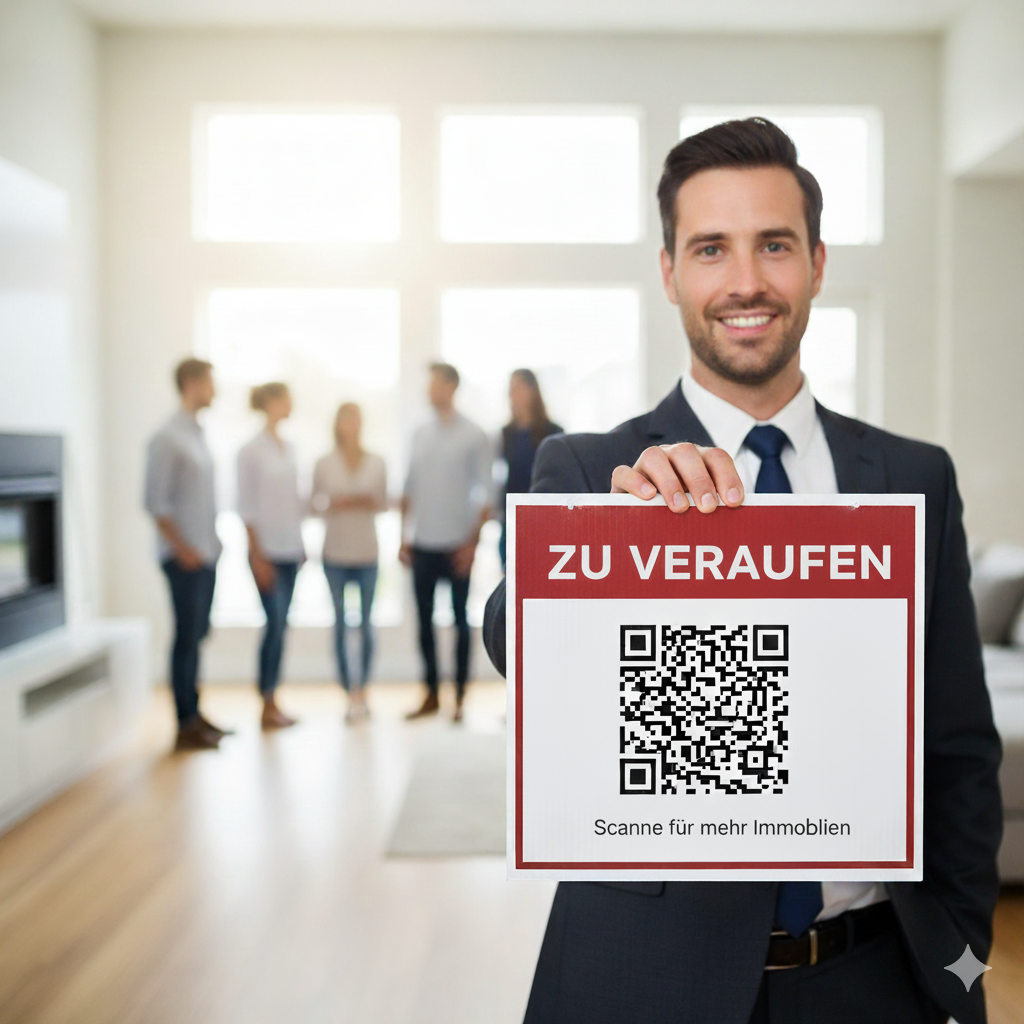 Immobilienmakler zeigt QR Code Schild im Haus